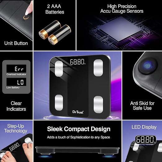 Dr Trust USA Legend Smart Scale | 20+ Parameters | US FDA approved | Unlimited Users Bluetooth BMI Weight Scale with 3 Years Warranty Weighing Machine & Body Fat Analyzer for Health Monitoring (Black)